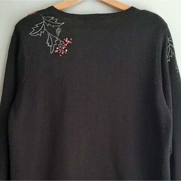 TANJAY / Floral Embroidered Button Down Fine Knit Cardigan Sweater Black Sz M P - Picture 9 of 15